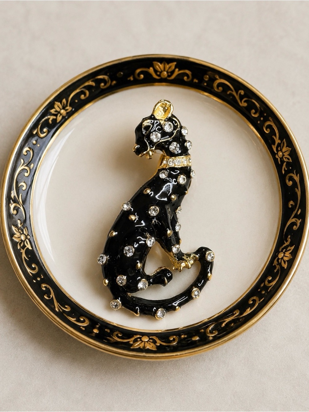 Brooch Pin Cat Black Enamel Rhinestone Accents Gold Elegant Whimsical
